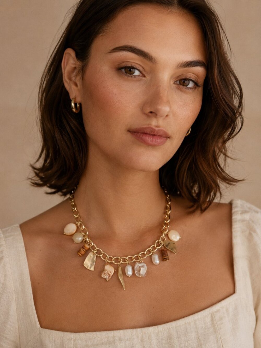 Vintage Coastal Boho Gold Chain Charm Necklace Shell Pearl Wood